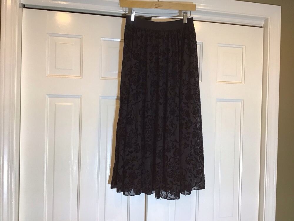 Black Velvet Burnout Midi Slit Broom Skirt Sz XL Whimsygoth Witchy Grunge Dark